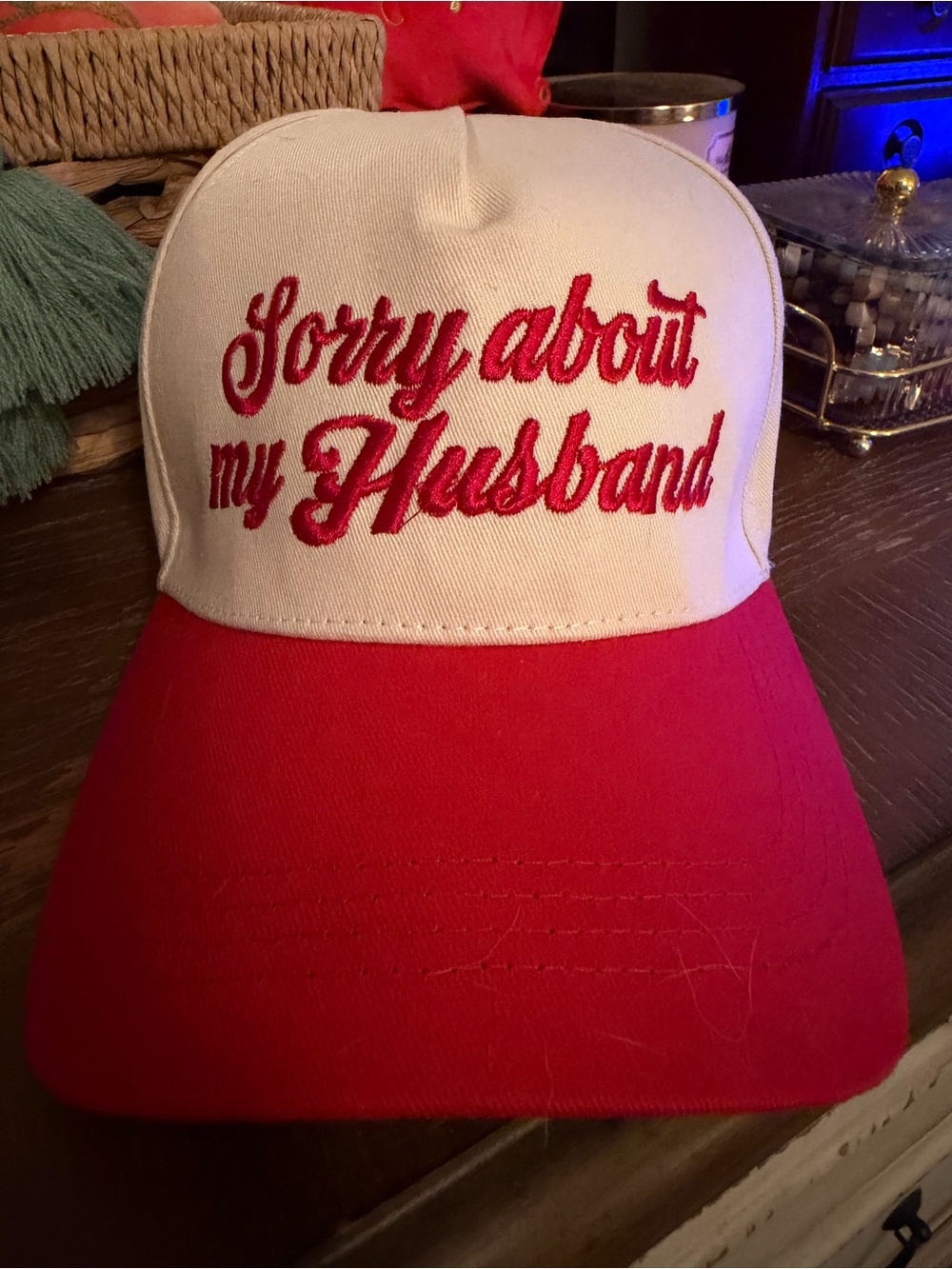 Sorry About My Husband Red & White Trucker Hat